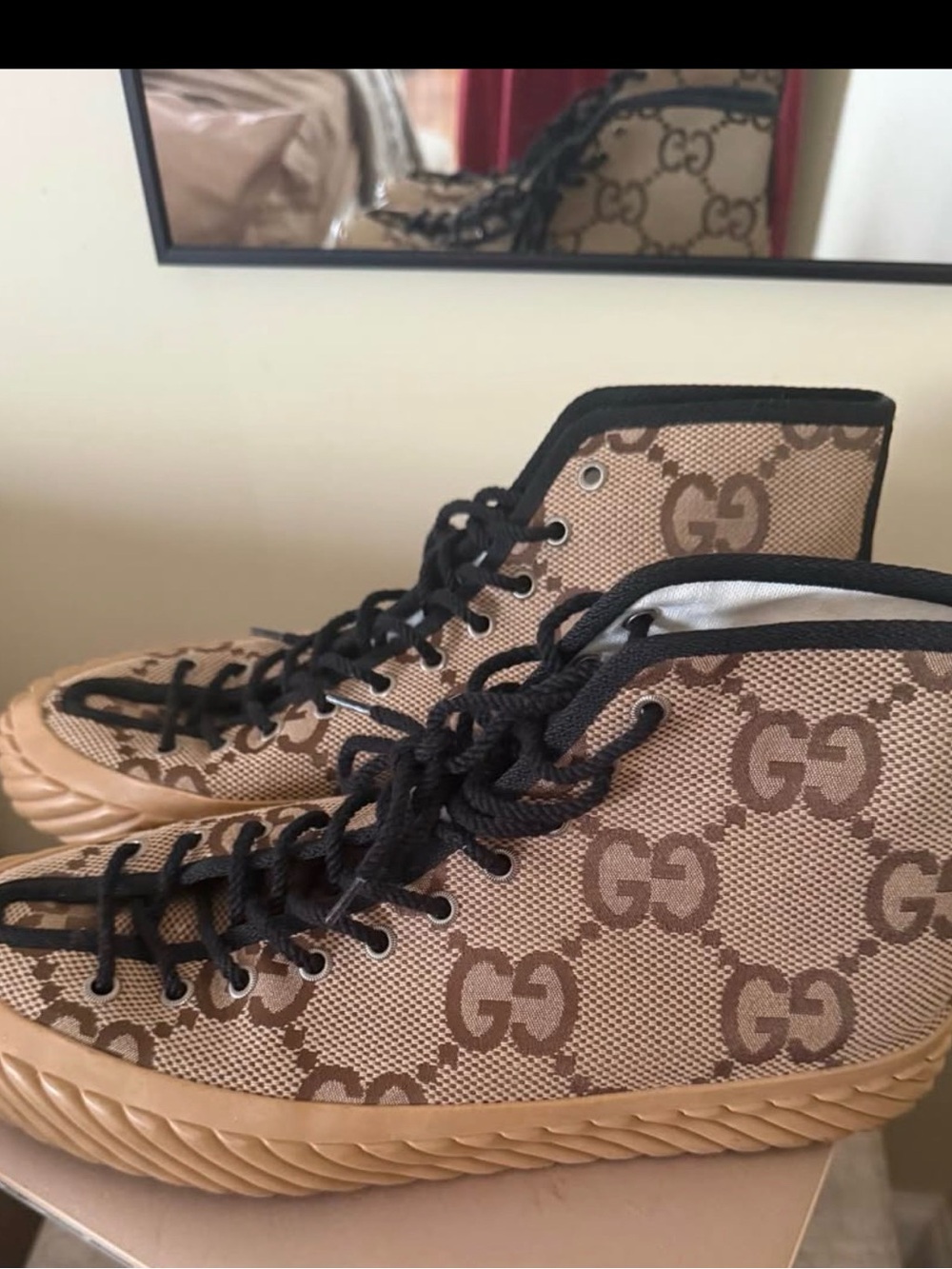 Gucci Brown Beige GG Canvas High-Top Sneakers
